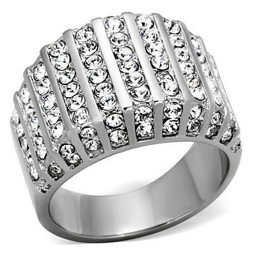 Jewellery Kingdom Ladies Cz Band Cocktail Stainless Steel Pave Sparkling Chunky Ring (Silver) - Jewelry Rings - British D'sire Main image