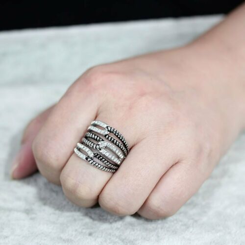 Jewellery Kingdom Ladies Cz Band Long Finger Silver Cubic Zirconia Stainless Steel Rope Ring - Jewelry Rings - British D'sire Main image