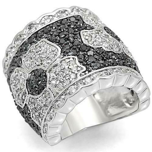 Jewellery Kingdom Ladies Cz Band Wide Comfort Black Flower Rhodium + Ruthenium Ring (Silver) - Jewelry Rings - British D'sire Main image
