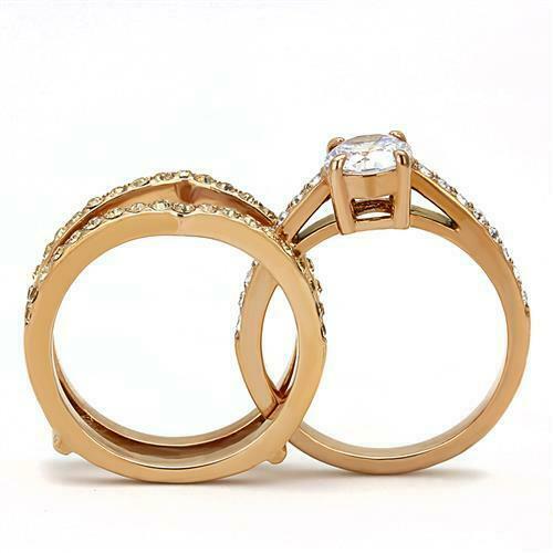 Jewellery Kingdom Ladies Cz Clear Champagne Wedding Engagement Steel 2pc Gold Ring - Jewelry Rings - British D'sire