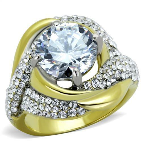 Jewellery Kingdom Ladies Cz Cocktail 4 Carat Solitaire Accents Steel Sparkling Gold Ring - Jewelry Rings - British D'sire