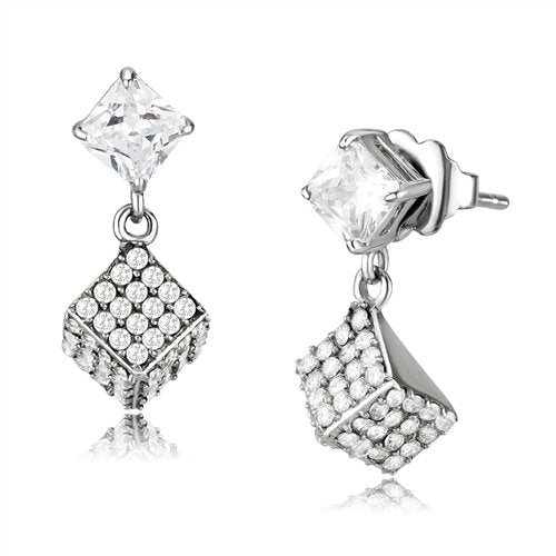 Jewellery Kingdom Ladies Cz Dangling Drop Dice Princess Cut Rhodium Silver Earrings - Earrings - British D'sire Main image