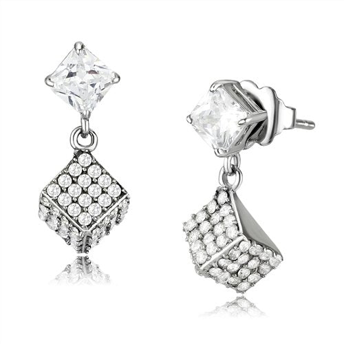 Jewellery Kingdom Ladies Cz Dangling Drop Dice Princess Cut Rhodium Silver Earrings - Earrings - British D'sire