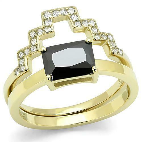 Jewellery Kingdom Ladies Cz Emerald Engagement Wedding Band Stainless Steel Ring Set (Black) - Jewelry Rings - British D'sire