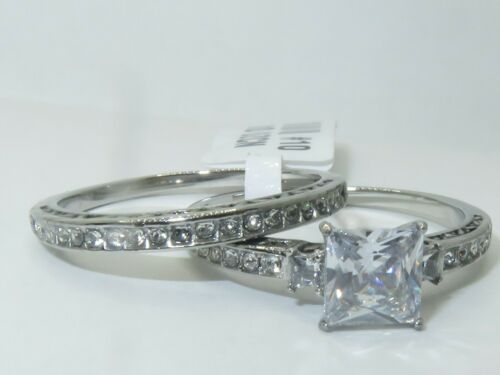 Jewellery Kingdom Ladies Cz Engagement Wedding Band Princess Cut Stainless Steel Ring Set - Jewelry Rings - British D'sire Main image