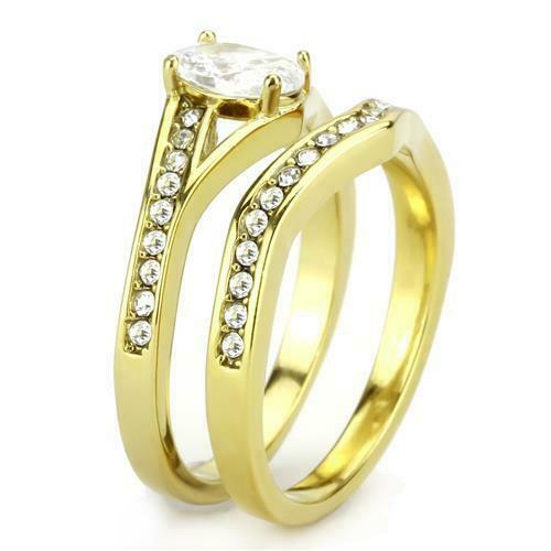 Jewellery Kingdom Ladies Cz Engagement Wedding Band Solitaire Accents 18kt Steel Ring Set (Gold) - Jewelry Rings - British D'sire