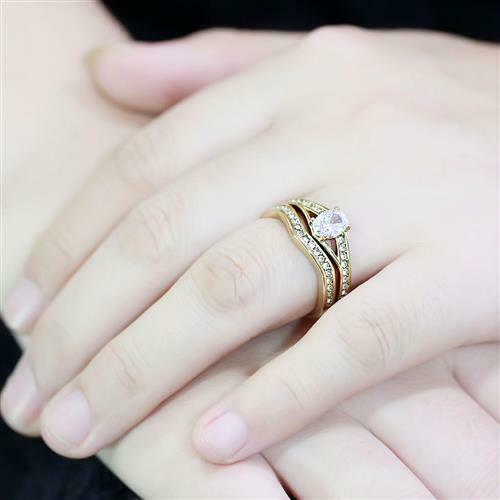 Jewellery Kingdom Ladies Cz Engagement Wedding Band Solitaire Accents 18kt Steel Ring Set (Gold) - Jewelry Rings - British D'sire