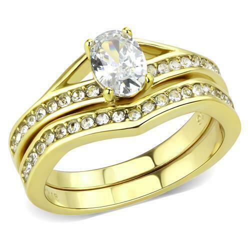 Jewellery Kingdom Ladies Cz Engagement Wedding Band Solitaire Accents 18kt Steel Ring Set (Gold) - Jewelry Rings - British D'sire Main image