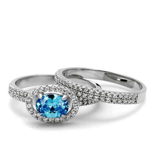 Jewellery Kingdom Ladies cz Engagement Wedding Band, Sterling Silver Blue Topaz Ring Set (Silver & Blue) - Engagement Rings - British D'sire Main image