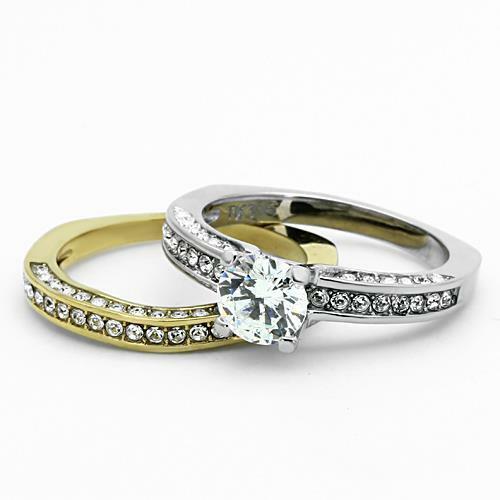 Jewellery Kingdom Ladies Cz Gold Solitaire Accents Stainless Steel Wedding Band Ring Set - Jewelry Rings - British D'sire