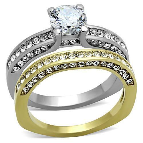 Jewellery Kingdom Ladies Cz Gold Solitaire Accents Stainless Steel Wedding Band Ring Set - Jewelry Rings - British D'sire
