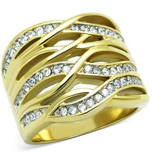 Jewellery Kingdom Ladies Cz Pave Wide 18kt Steel Band Clear Cubic Zirconia All Size Ring (Gold) - Jewelry Rings - British D'sire Main image