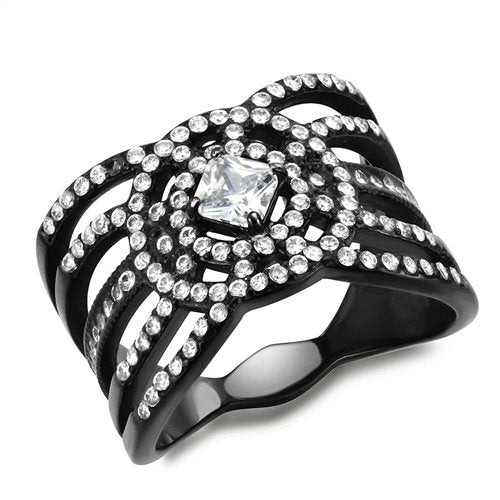 Jewellery Kingdom Ladies Cz Princess Cut Stainless Steel Sparkling White Clear Ring (Black) - Jewelry Rings - British D'sire