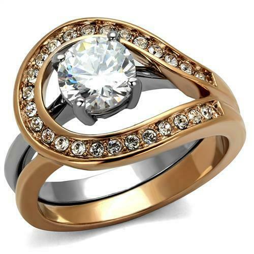 Jewellery Kingdom Ladies Cz Rose Gold Guard Engagement Wedding Band Set Stainless Steel Ring - Jewelry Rings - British D'sire Main image