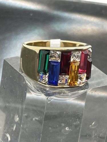 Jewellery Kingdom Ladies Cz Sparkling 12mm Wide Band 18kt Steel Gold Ring (Multi Coloured) - Jewelry Rings - British D'sire