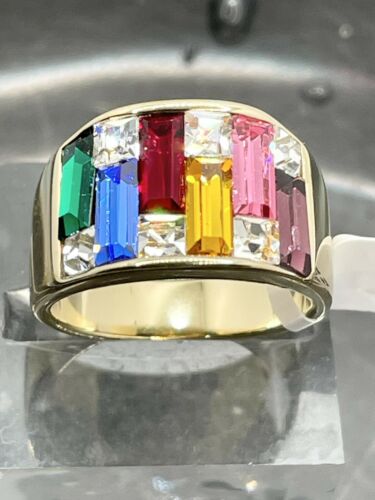 Jewellery Kingdom Ladies Cz Sparkling 12mm Wide Band 18kt Steel Gold Ring (Multi Coloured) - Jewelry Rings - British D'sire Main image