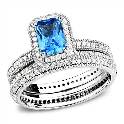 Jewellery Kingdom Ladies Cz Sterling Silver Emerald Engagement Wedding Band Ring Set (Blue Topaz) - Jewelry Rings - British D'sire Main image