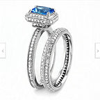 Jewellery Kingdom Ladies Cz Sterling Silver Emerald Engagement Wedding Band Ring Set (Blue Topaz) - Jewelry Rings - British D'sire