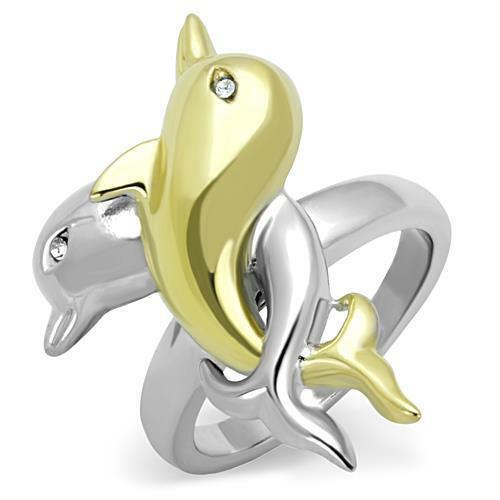 Jewellery Kingdom Ladies Dolphin Gold Stainless Steel Two Tone Cz No Tarnish Double Fish Ring - Jewelry Rings - British D'sire Main image