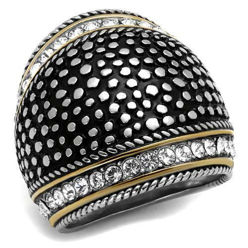 Jewellery Kingdom Ladies Dome Cocktail Stainless Steel Cubic Zirconia Gold Statement Chunky Ring (Black) - Jewelry Rings - British D'sire Main image