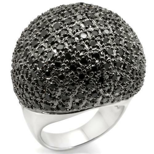 Jewellery Kingdom Ladies Dome Cubic Zirconia Cocktail Statement Rhodium Ring (Black) - Jewelry Rings - British D'sire Main image