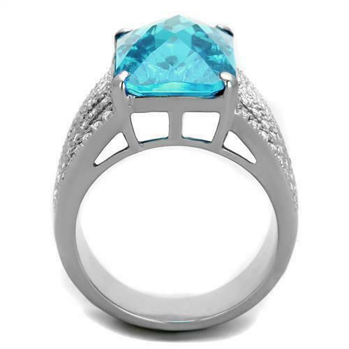 Jewellery Kingdom Ladies Emerald Cut Blue Aquamarine Cz Stainless Steel Cocktail Ring - Jewelry Rings - British D'sire