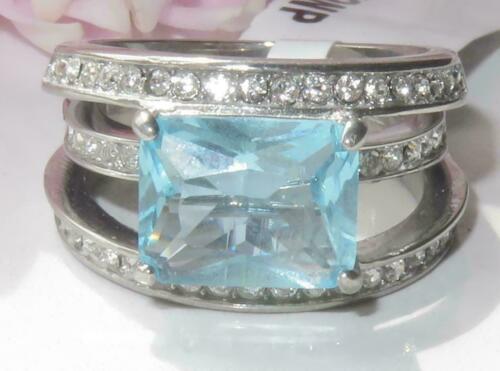 Jewellery Kingdom Ladies Emerald Cut Blue Topaz 5k Stainless Steel Ring (Silver) - Rings - British D'sire