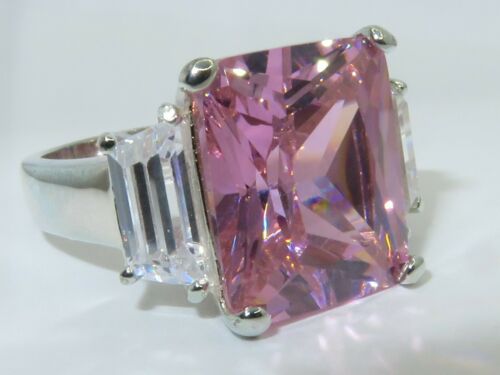 Jewellery Kingdom Ladies Emerald Cut Sterling Silver CZ 3 Stone Stamped Sapphire Ring (Pink) - Jewelry Rings - British D'sire Main image