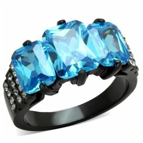 Jewellery Kingdom Ladies Emerald Cut Three Stone Cz 15 Carat Steel Ring Black (Blue Topaz) - Jewelry Rings - British D'sire Main image