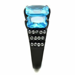 Jewellery Kingdom Ladies Emerald Cut Three Stone Simulates Steel Blue Topaz Ring (Black) - Jewelry Rings - British D'sire