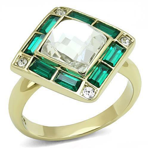 Jewellery Kingdom Ladies Emerald Gold Cushion Steel Art Deco Styled All Sizes Ring (Green) - Jewelry Rings - British D'sire