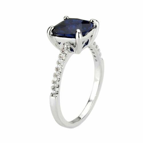 Jewellery Kingdom Ladies Engagement Cushion Cut Blue Sapphire Rhodium Ring (Silver) - Jewelry Rings - British D'sire