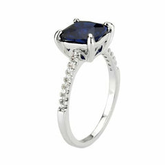 Jewellery Kingdom Ladies Engagement Cushion Cut Blue Sapphire Rhodium Ring (Silver) - Jewelry Rings - British D'sire