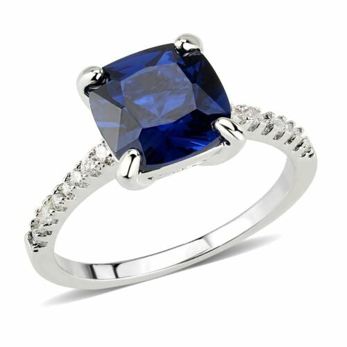 Jewellery Kingdom Ladies Engagement Cushion Cut Blue Sapphire Rhodium Ring (Silver) - Jewelry Rings - British D'sire