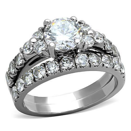 Jewellery Kingdom Ladies Engagement Wedding Band 2CT Cubic Zirconia Stainless Steel Ring Set (Silver) - Jewelry Rings - British D'sire