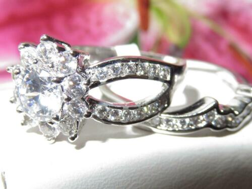 Jewellery Kingdom Ladies Engagement Wedding Band 2pcs Rhodium Flower Sparkling Ring Set (Silver) - Jewelry Rings - British D'sire Main image