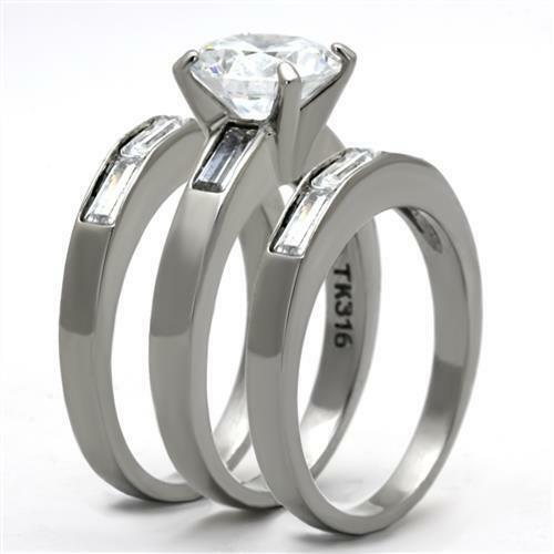 Jewellery Kingdom Ladies Engagement Wedding Band Emerald Cut Stainless Steel 3 Carat Ring Set (Silver) - Jewelry Rings - British D'sire