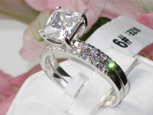 Jewellery Kingdom Ladies Engagement Wedding Band Princess Cut 2 Pieces Rhodium Raised Ring Set (Silver) - Jewelry Rings - British D'sire