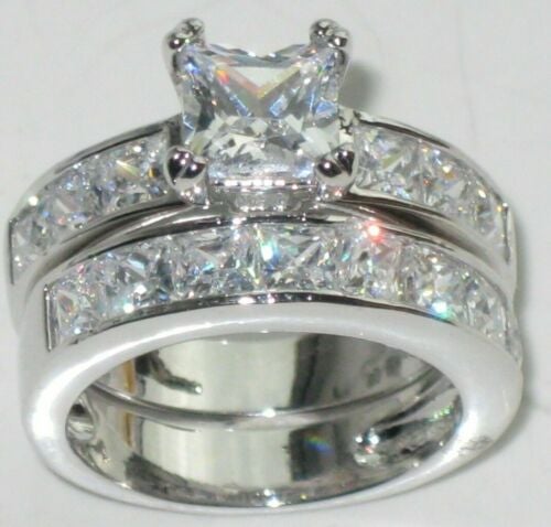 Jewellery Kingdom Ladies Engagement Wedding Band Princess Square Stainless Steel Ring Set (Silver) - Jewelry Rings - British D'sire