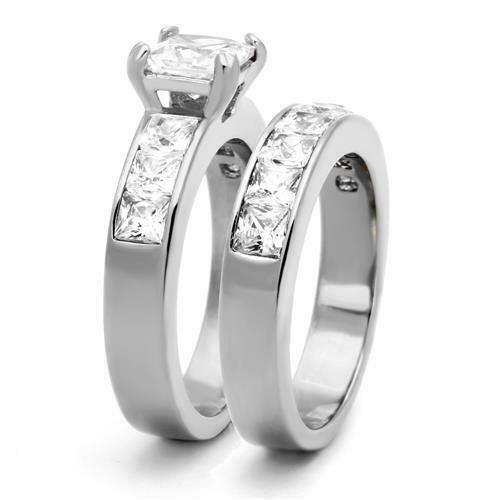 Jewellery Kingdom Ladies Engagement Wedding Band Princess Square Stainless Steel Ring Set (Silver) - Jewelry Rings - British D'sire Main image