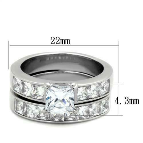 Jewellery Kingdom Ladies Engagement Wedding Band Princess Square Stainless Steel Ring Set (Silver) - Jewelry Rings - British D'sire