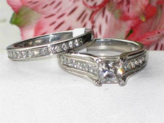 Jewellery Kingdom Ladies Engagement Wedding Band Princess Stainless Steel Ring Set (Silver) - Jewelry Rings - British D'sire