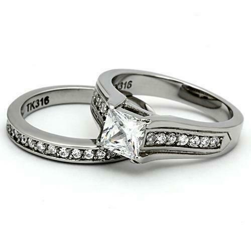 Jewellery Kingdom Ladies Engagement Wedding Band Princess Stainless Steel Ring Set (Silver) - Jewelry Rings - British D'sire Main image