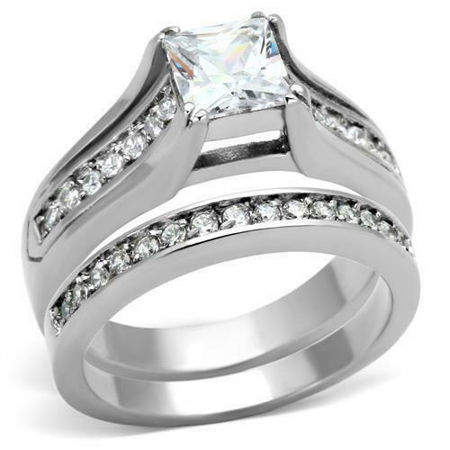 Jewellery Kingdom Ladies Engagement Wedding Band Princess Stainless Steel Ring Set (Silver) - Jewelry Rings - British D'sire