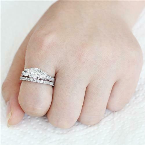 Jewellery Kingdom Ladies Engagement Wedding Band Rhodium Silver Three Stone Ring Set - Jewelry Rings - British D'sire Main image