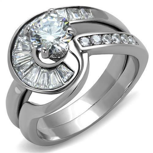 Jewellery Kingdom Ladies Engagement Wedding Band Set Cz 2pcs Stainless Steel Ring (Silver) - Jewelry Rings - British D'sire Main image