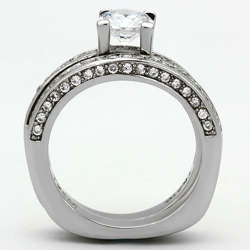 Jewellery Kingdom Ladies Engagement Wedding Band Stainless Steel Cubic Zirconia Pave Ring Set (Silver) - Engagement Rings - British D'sire