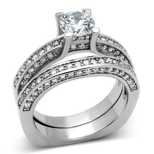 Jewellery Kingdom Ladies Engagement Wedding Band Stainless Steel Cubic Zirconia Pave Ring Set (Silver) - Engagement Rings - British D'sire Main image