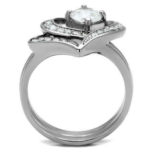 Jewellery Kingdom Ladies Engagement Wedding Heart Band Stainless Steel Ring Set (Silver) - Jewelry Rings - British D'sire