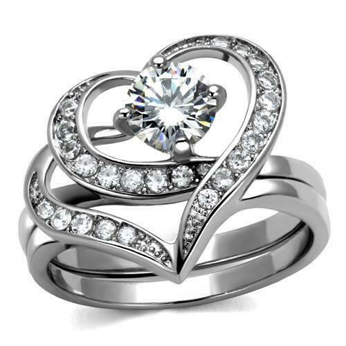 Jewellery Kingdom Ladies Engagement Wedding Heart Band Stainless Steel Ring Set (Silver) - Jewelry Rings - British D'sire Main image